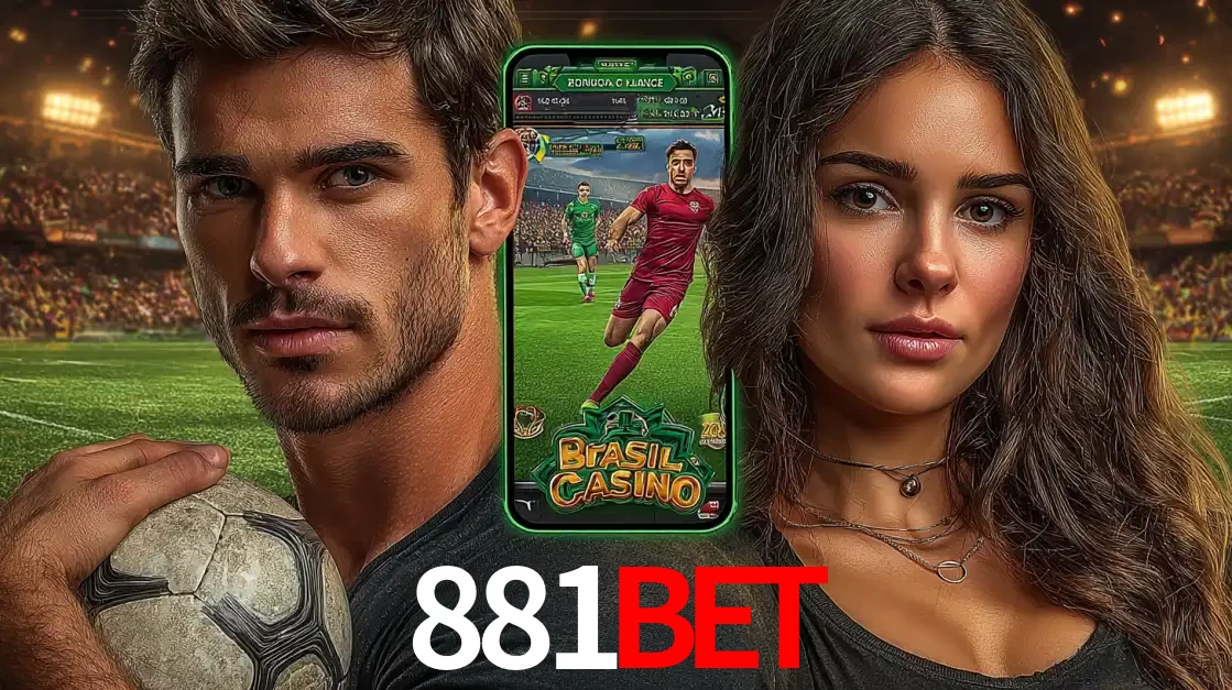 Homem segurando uma bola de futebol e uma mulher ao lado de um smartphone exibindo o jogo de apostas esportivas da 881BET. Faça seu palpite no cassino online.